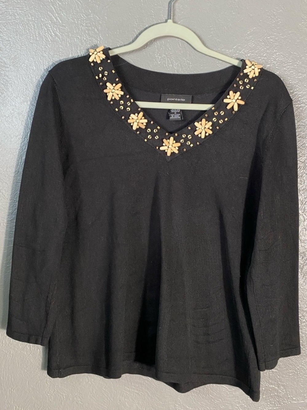 Pointelle Silk Blend Beaded V-Neck Sweater M Black 3/4 Sleeve Top